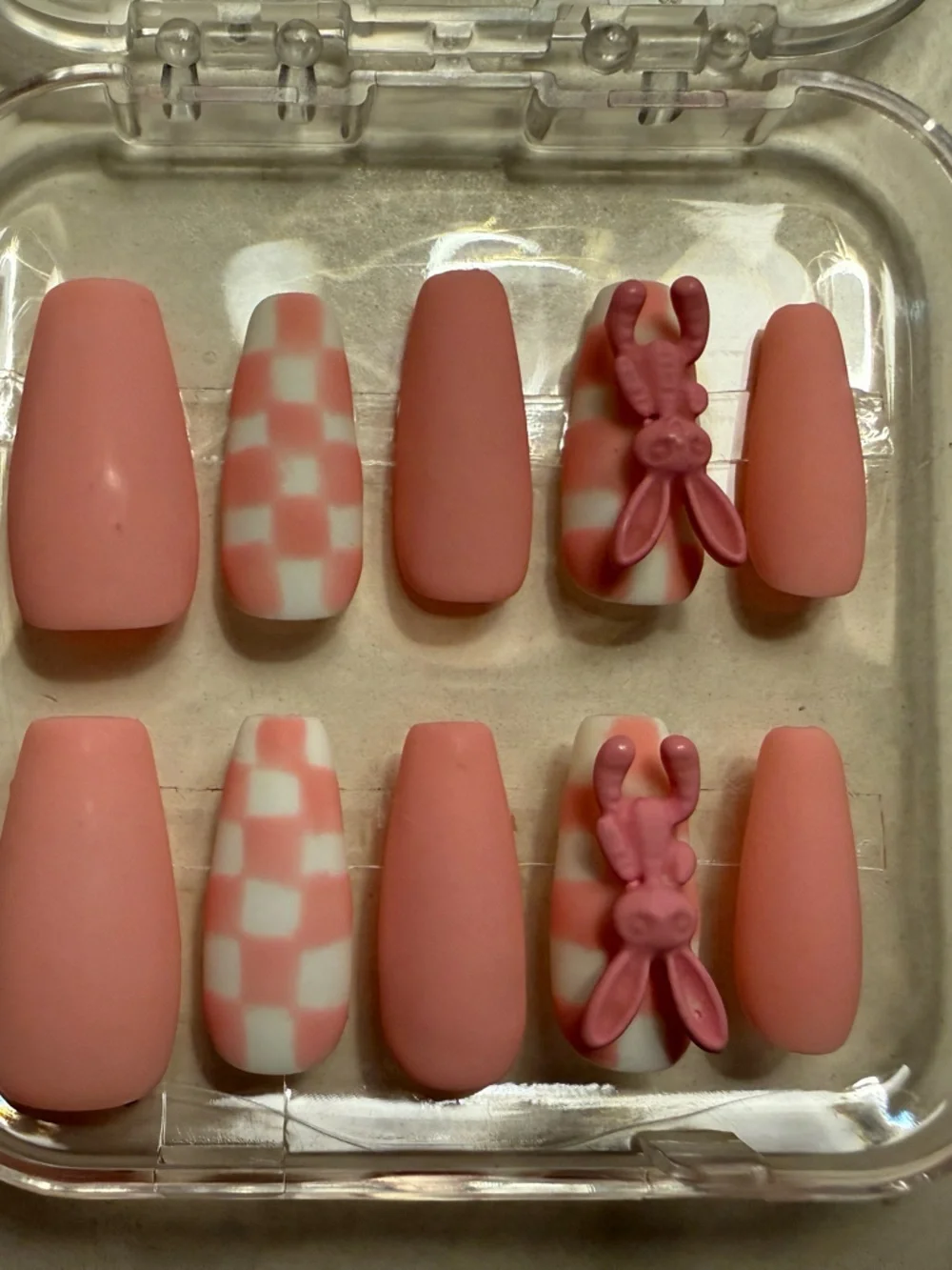 Pink Checkered and Bunny Press-On Nails
